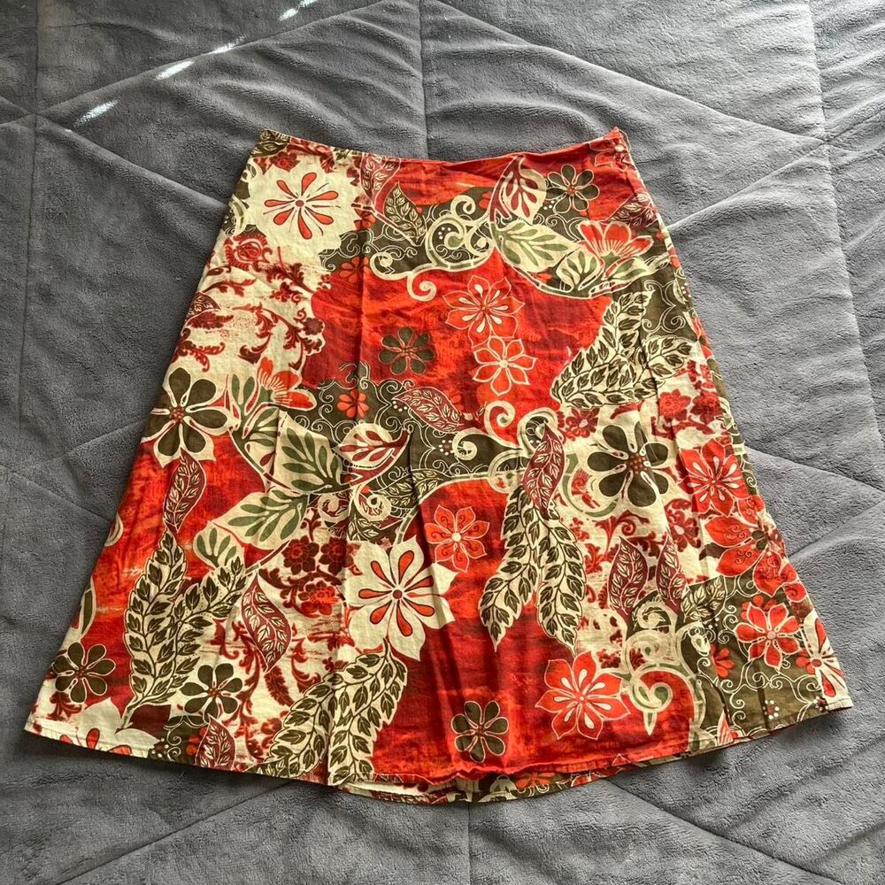 Vintage Y2K indie boho fairy green and orange floral midi cotton skirt size 4